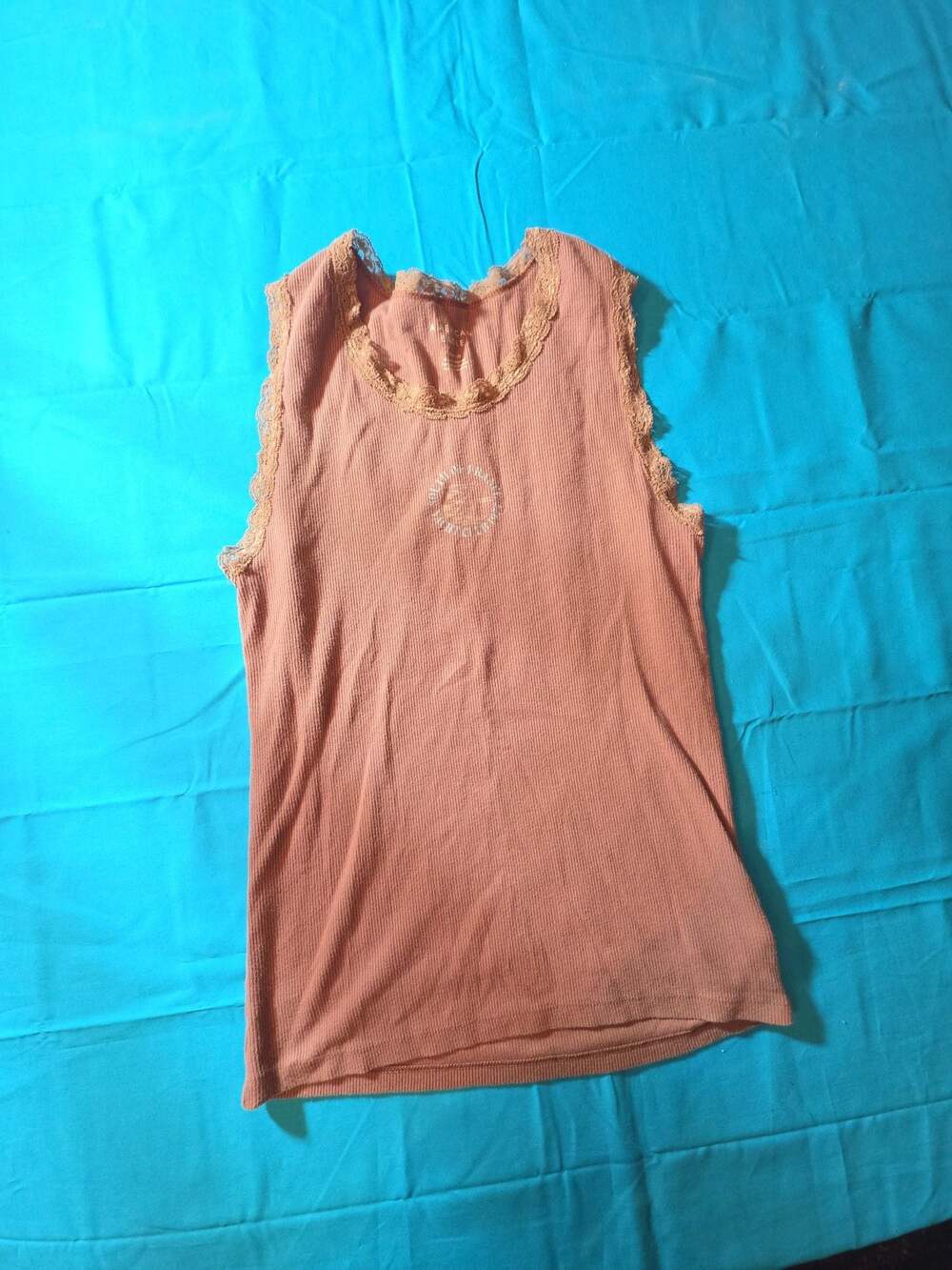 American Eagle Ribbed Lace Trim Tank Top Peach Pink